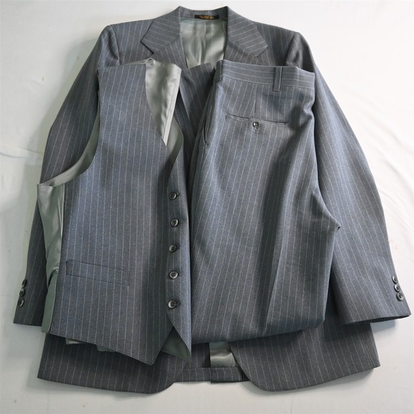 Vtg Mens‎ 40L 34x34 Slim Gray Striped 3 Piece Vest Jacket Bootcut Pants Suit